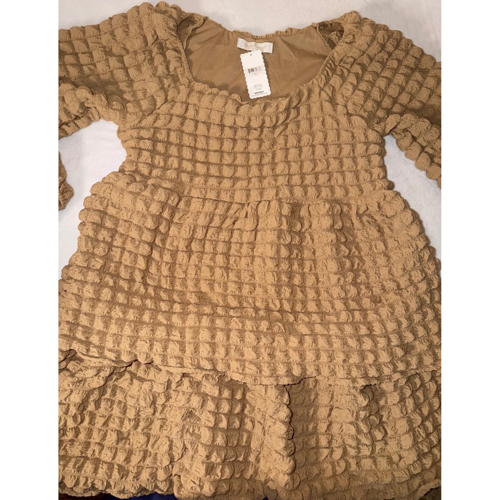 Simply Southern Bubble Knit Tiered Dress Tan Popcorn Texture Long Sleeve Large - Picture 12 of 13